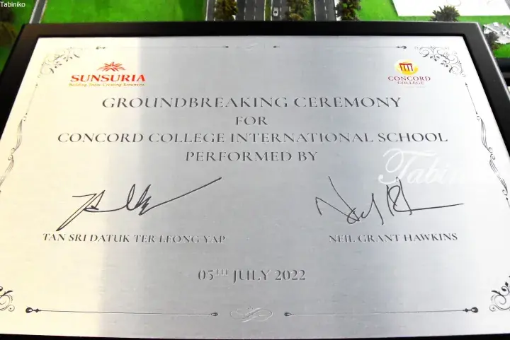 Silver plaque commemorating the July 2022 groundbreaking ceremony for Concord College International School by Sunsuria.