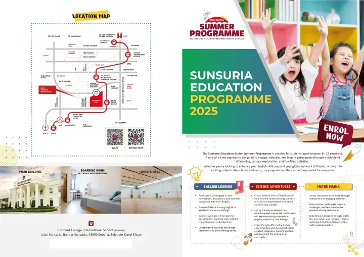 Sunsuria Education Programme 2025 brochure showing location map, campus facilities, and summer course details.