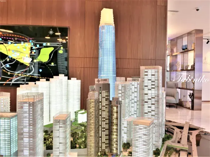 Architectural model of Kuala Lumpur&rsquo;s TRX district featuring the Merdeka 118 tower and Core Residences.