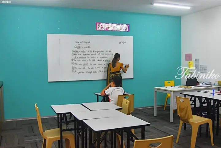 Teacher writing English grammar rules on a whiteboard in a classroom with teal walls and yellow chairs.