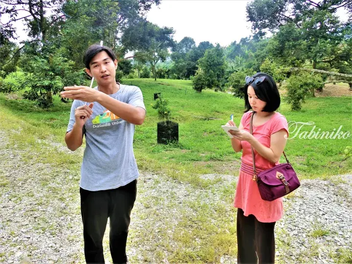 A man in a DurianBB shirt explains durian farming to a woman taking notes in a lush Malaysian orchard.