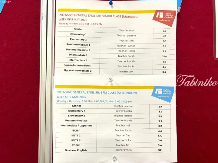 English Language Company class schedule for May 2025 showing morning and afternoon intensive general English courses.