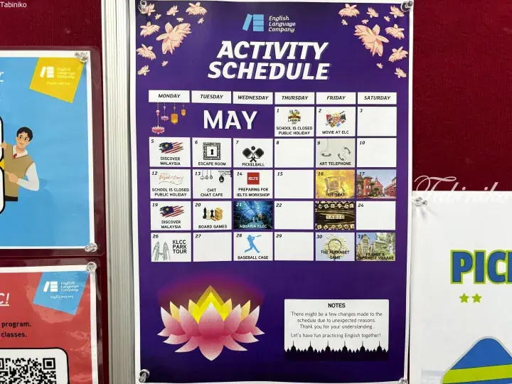 English Language Company May activity schedule poster featuring events like Discover Malaysia, Escape Room, and KLCC Park Tour.
