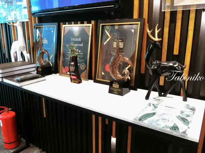 Display of PropertyInsight Prestigious Developer Awards 2020 trophies and certificates alongside decorative deer figurines.
