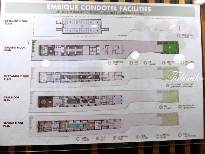 Floor plan of Embique Condotel facilities showing basement to second floor layouts with amenities like pool, gym, and restaurants.