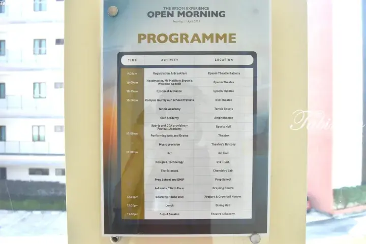 Epsom School open morning programme poster detailing the schedule for campus tours, sports, arts, and boarding house visits.