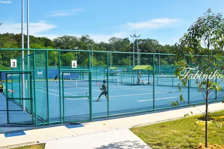 Blue hardcourt tennis courts with green fencing and players in action at an outdoor sports facility.