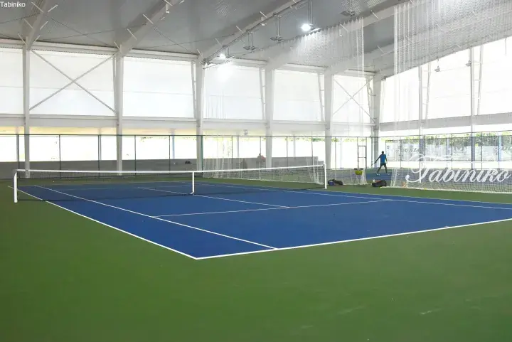Blue and green indoor tennis court with net and high ceiling, featuring a player practicing in the background.
