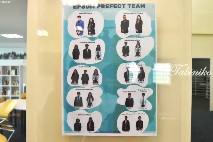 Poster displaying the Epsom Prefect Team 2022/23 student leaders and their roles at a Malaysian school.