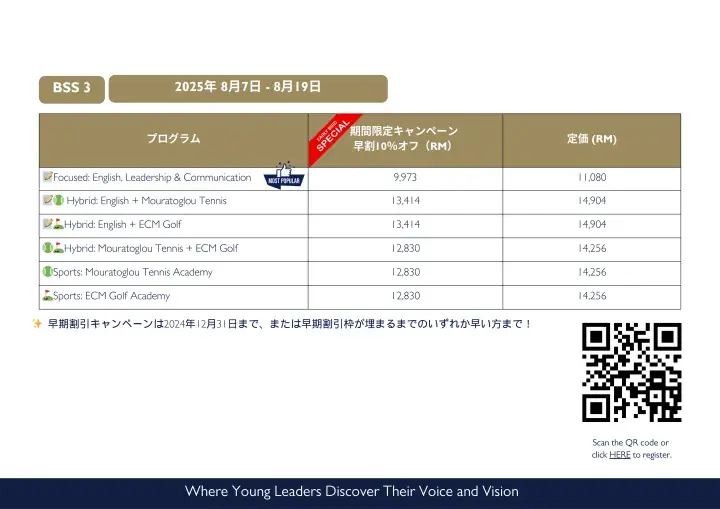 BSS 3 program pricing table for August 2025 showing early bird discounts on English, tennis, and golf courses.