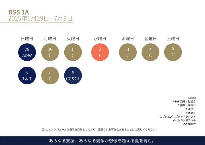 BSS 1A schedule from June 29 to July 8, 2025, showing daily activities like arrival, classes, and excursions with color-coded circles.
