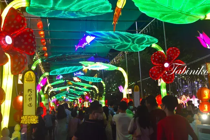 Crowds walk under vibrant lotus and fish lanterns at a Malaysian temple’s Vesak festival night display.