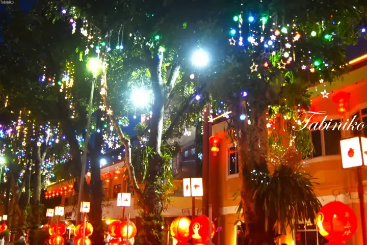 Colorful star lights and red lanterns decorating trees at night in a festive Malaysian street scene.