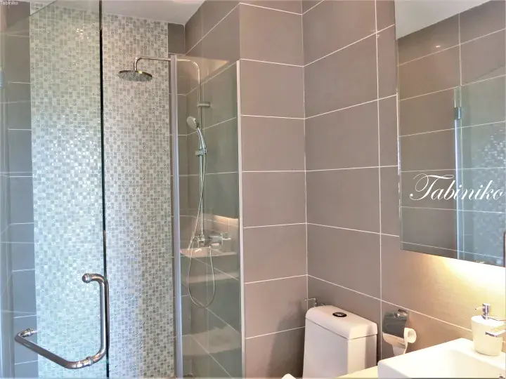 Modern bathroom with glass shower enclosure, mosaic tiles, and grey wall tiles.