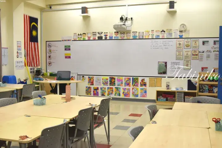 Empty classroom with wooden tables, chairs, whiteboard, and a Malaysian flag hanging on the wall.