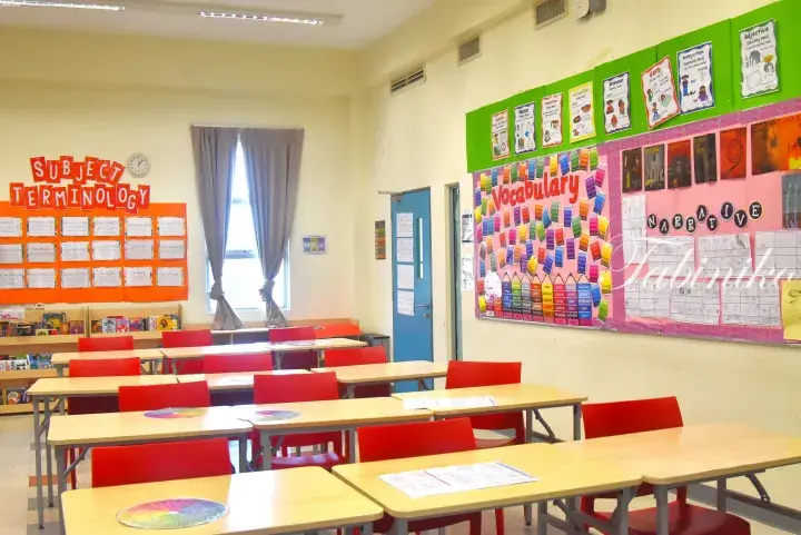 Empty classroom with red chairs, wooden desks, and educational posters on walls.
