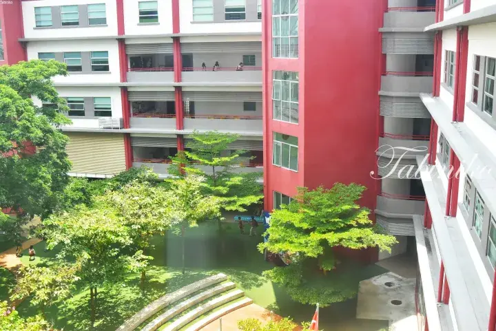 Modern school building with red and white facade overlooking a lush green courtyard with trees and steps.