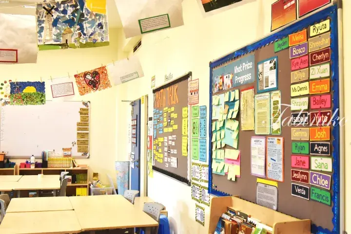 Classroom with student artwork, math bulletin boards, and name tags on a corkboard.