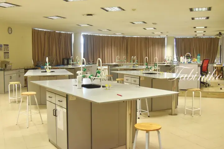 Spacious modern science laboratory with multiple workstations, sinks, and stools ready for educational use.