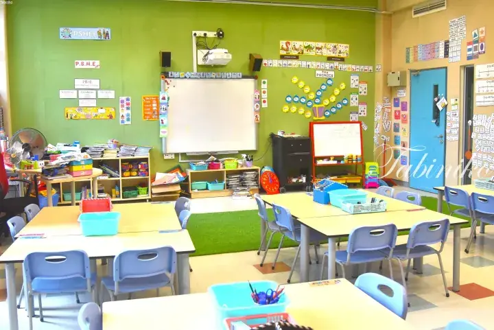 Bright classroom with green walls, blue chairs, and educational posters in a Malaysian school.