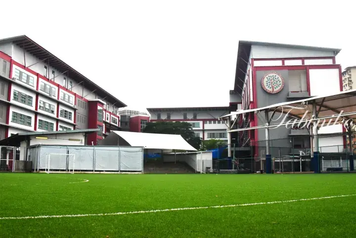Green artificial turf football pitch surrounded by modern red and white school buildings with a visible school crest.