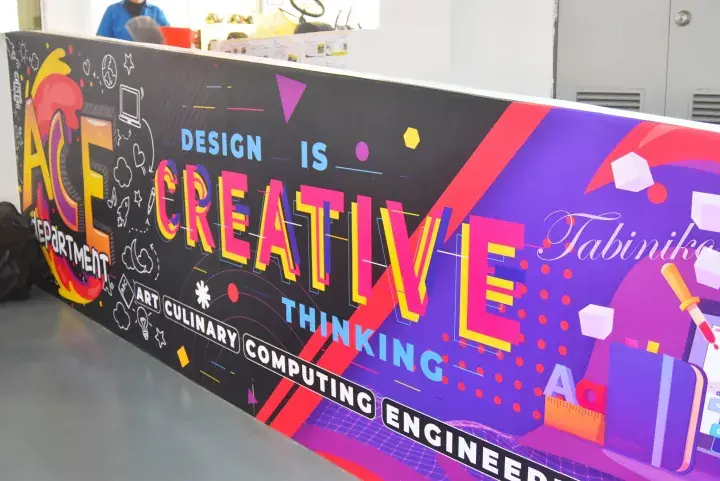 Colorful banner displaying ‘Design is Creative Thinking’ and ACE Department subjects like Art, Culinary, Computing, and Engineering.