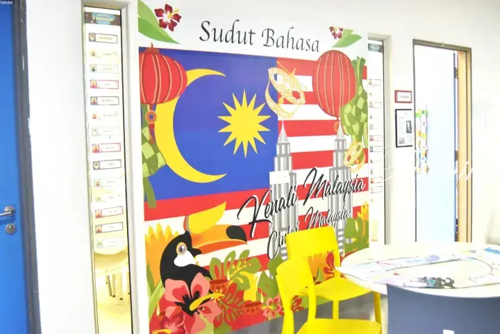 Colorful Malaysia-themed language corner mural featuring the national flag, Petronas Towers, and cultural symbols in a classroom.