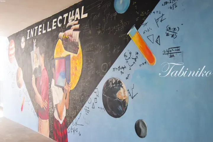 Colorful mural with INTELLECTUAL text, students, planets, and math formulas on a school wall.