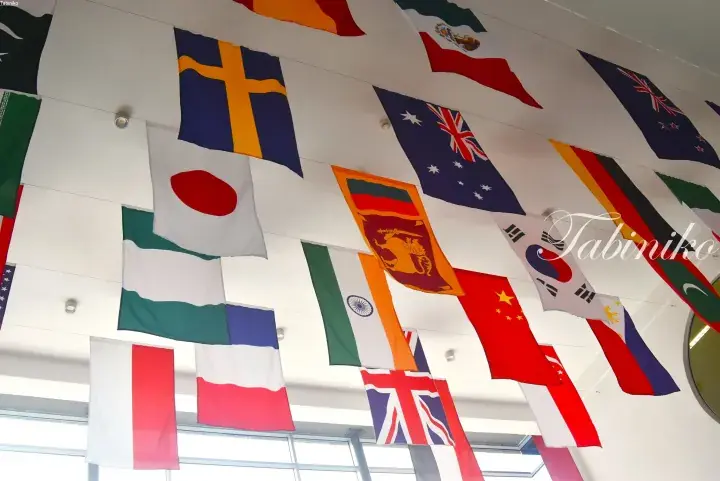 Colorful international flags hanging from a white ceiling in a bright modern indoor space.