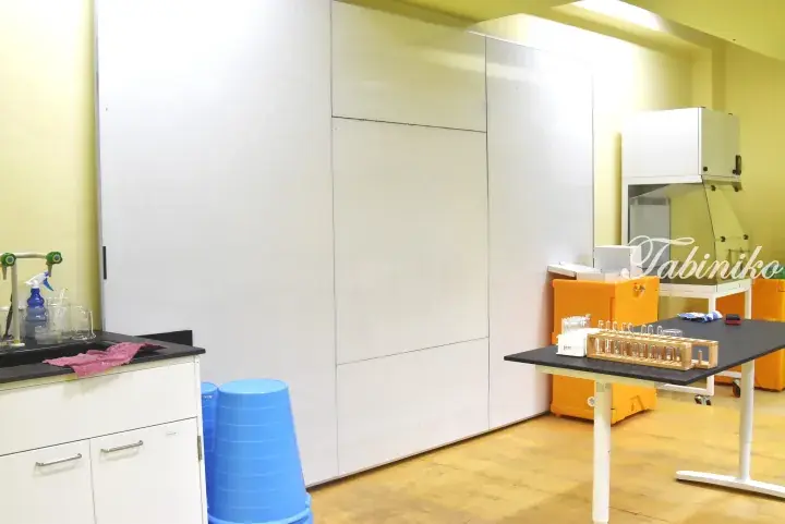 Clean laboratory interior featuring white cabinets, a black countertop with glassware, a fume hood, and blue stools.