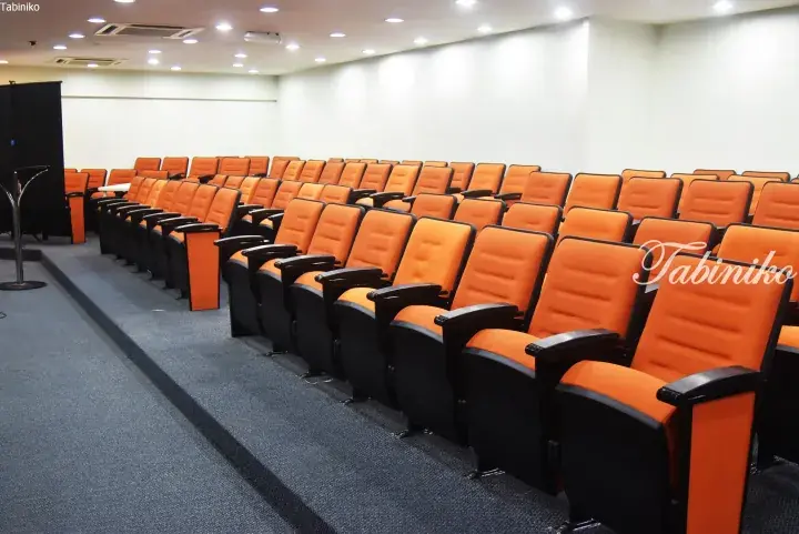 Rows of orange and black auditorium seats in a modern conference hall with tiered carpeted flooring.