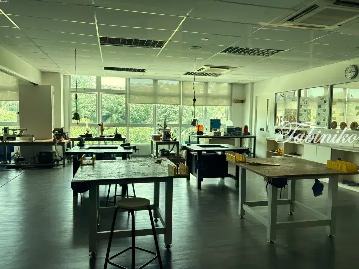 Bright workshop with workbenches, tools, and large windows overlooking lush greenery.
