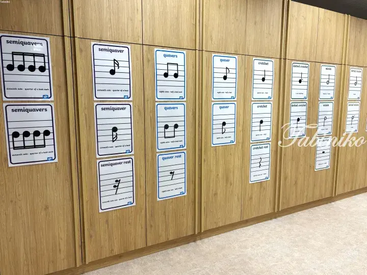 Educational posters on a wooden wall displaying musical note names and symbols like semiquavers, quavers, and crotchets.