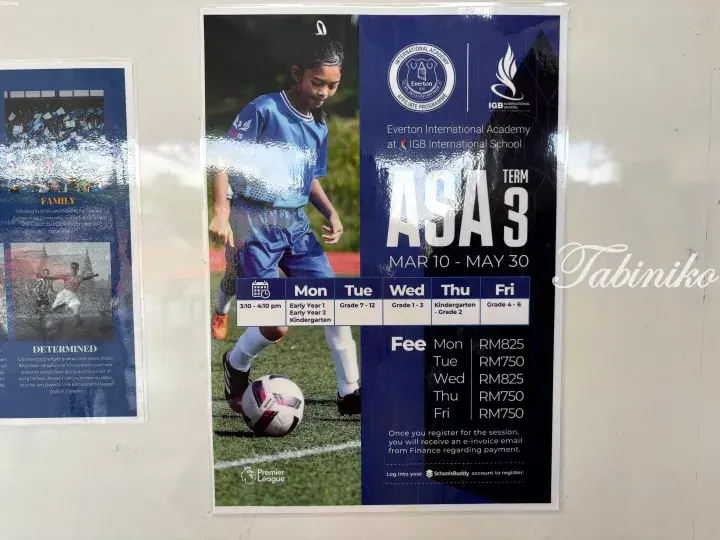 Poster for Everton International Academy at IGB International School advertising ASA Term 3 soccer sessions and fees.