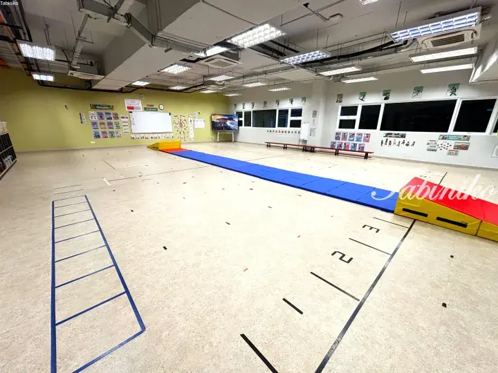 Bright indoor gymnasium with blue agility ladder, long blue mat, and yellow-red landing pit for gymnastics training.