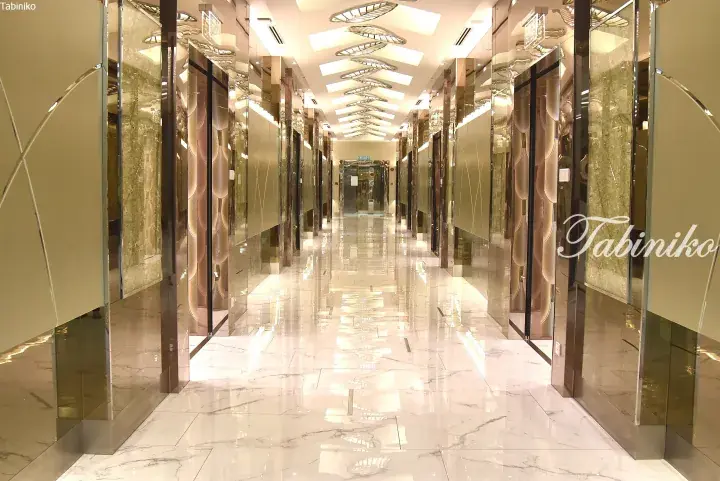 Luxurious hotel corridor with marble floors, mirrored walls, and decorative ceiling lights.