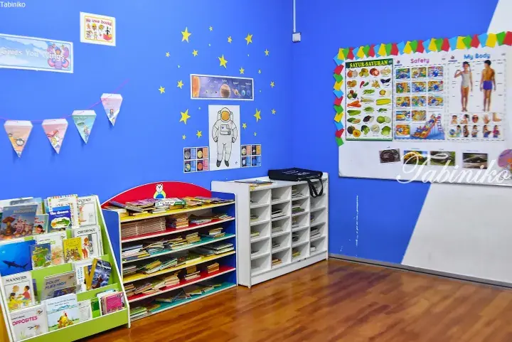 Colorful classroom corner with blue walls, educational posters, and bookshelves filled with children&rsquo;s books.