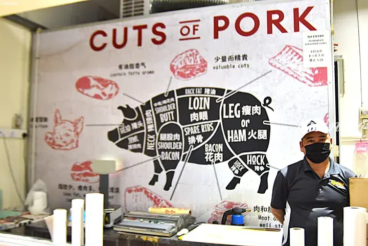 A butcher stands in front of a wall chart displaying various cuts of pork with English and Chinese labels.