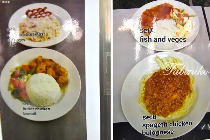 Menu display showing four dishes: breakfast sausages, butter chicken with broccoli, fish with vegetables, and spaghetti chicken bolognese.
