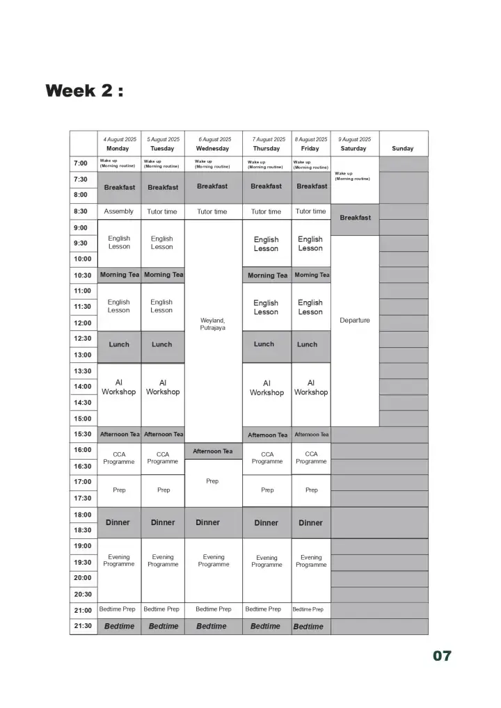 Week 2 schedule for a Malaysia study tour, detailing daily classes, workshops, and meals from 4 to 9 August 2025.