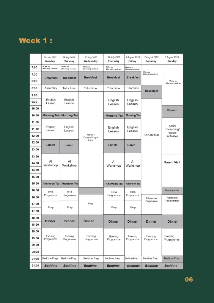 Weekly schedule for Week 1 at an international school in Malaysia, detailing daily classes, meals, and activities from July 28 to August 3, 2025.