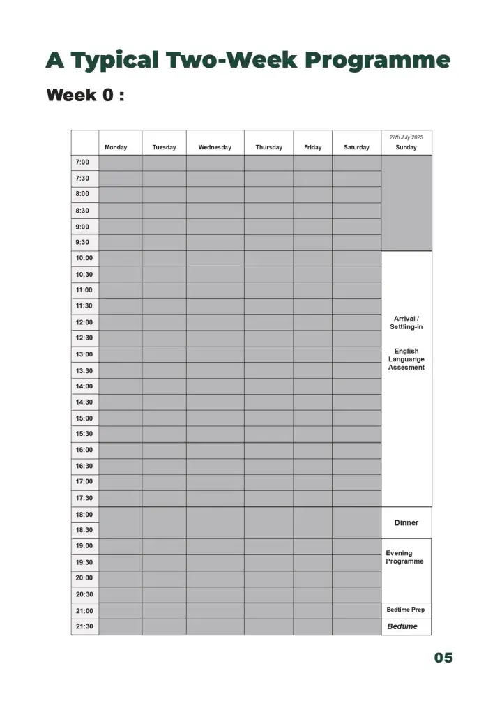 Schedule for Week 0 of a two-week programme showing arrival, English assessment, and evening activities on Sunday 27th July 2025.