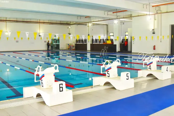 Indoor swimming pool with numbered starting blocks and lane dividers at a modern facility in Malaysia.