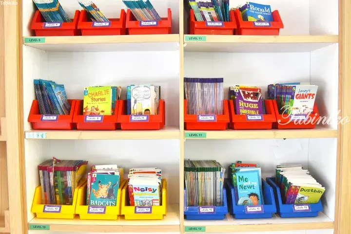Color-coded book bins labeled Level 9 to 12 neatly organized on a wooden library shelf.
