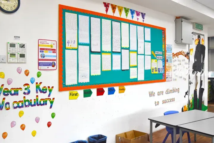 Year 3 classroom display board featuring student writing samples, vocabulary balloons, and motivational signs in a Malaysian school.