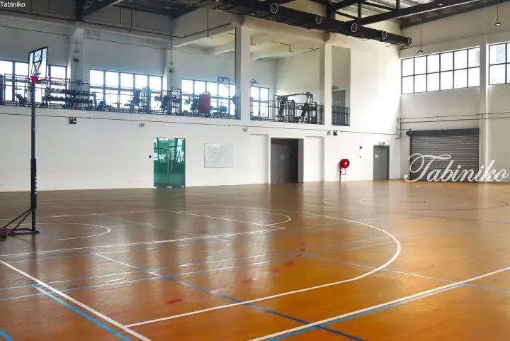 Spacious indoor basketball court with polished wooden flooring, white boundary lines, and a mezzanine level featuring gym equipment.