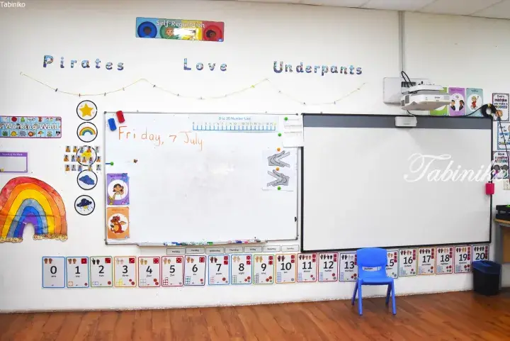 Classroom whiteboard showing Friday, July 7, with number charts and colorful educational posters on the wall.
