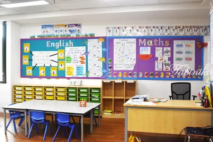 Bright classroom with colorful English and Maths bulletin boards, student desks, and organized storage bins.