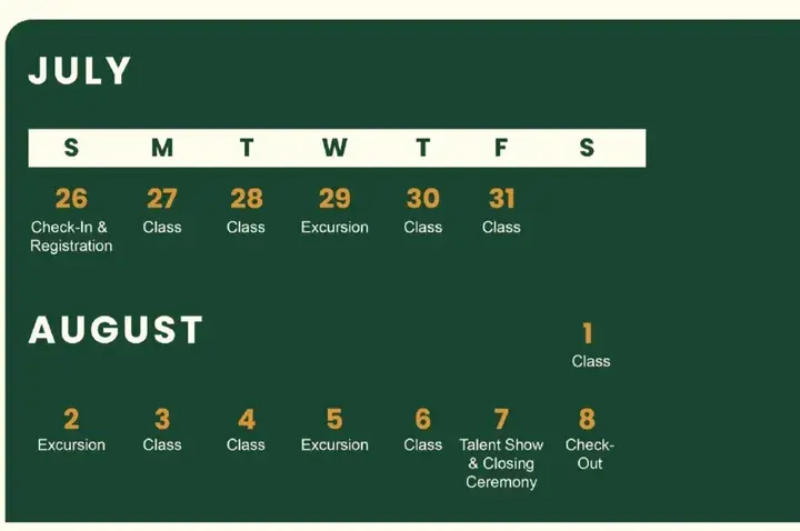 Schedule for a July and August program showing class, excursion, and check-in/out dates.