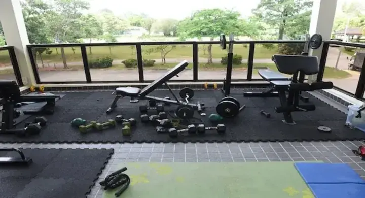 Home gym with dumbbells and benches overlooking a lush green park.